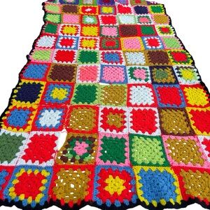 Retro colorful granny squares crocheted throw red yellow pink 35X60 NEED…